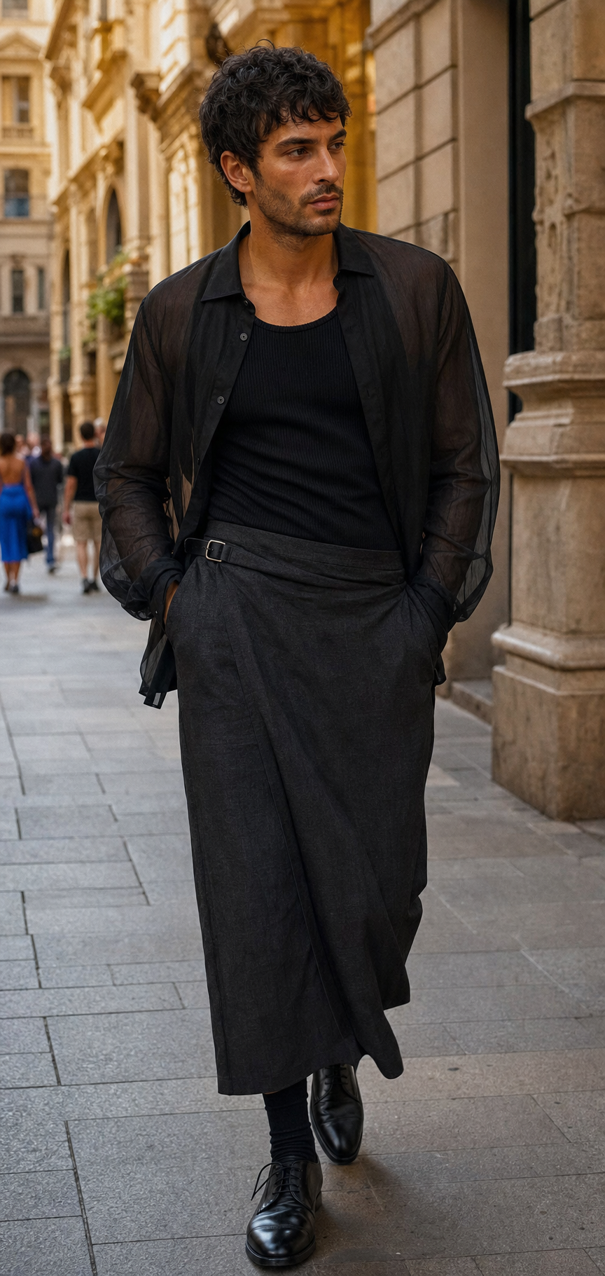 Editorial-Foto eines Mannes in Mailand mit schwarzem transparentem Overshirt, dunklem Wrap-Rock und schwarzen Derbys.