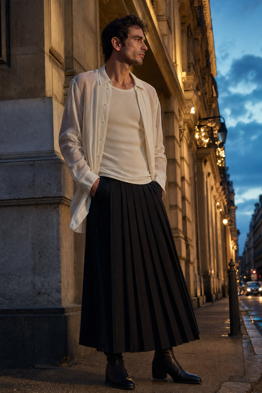 Editorial-Foto eines Mannes in Paris mit elfenbeinfarbenem Voile-Hemd, langem schwarzem Faltenrock und schmalen Boots.