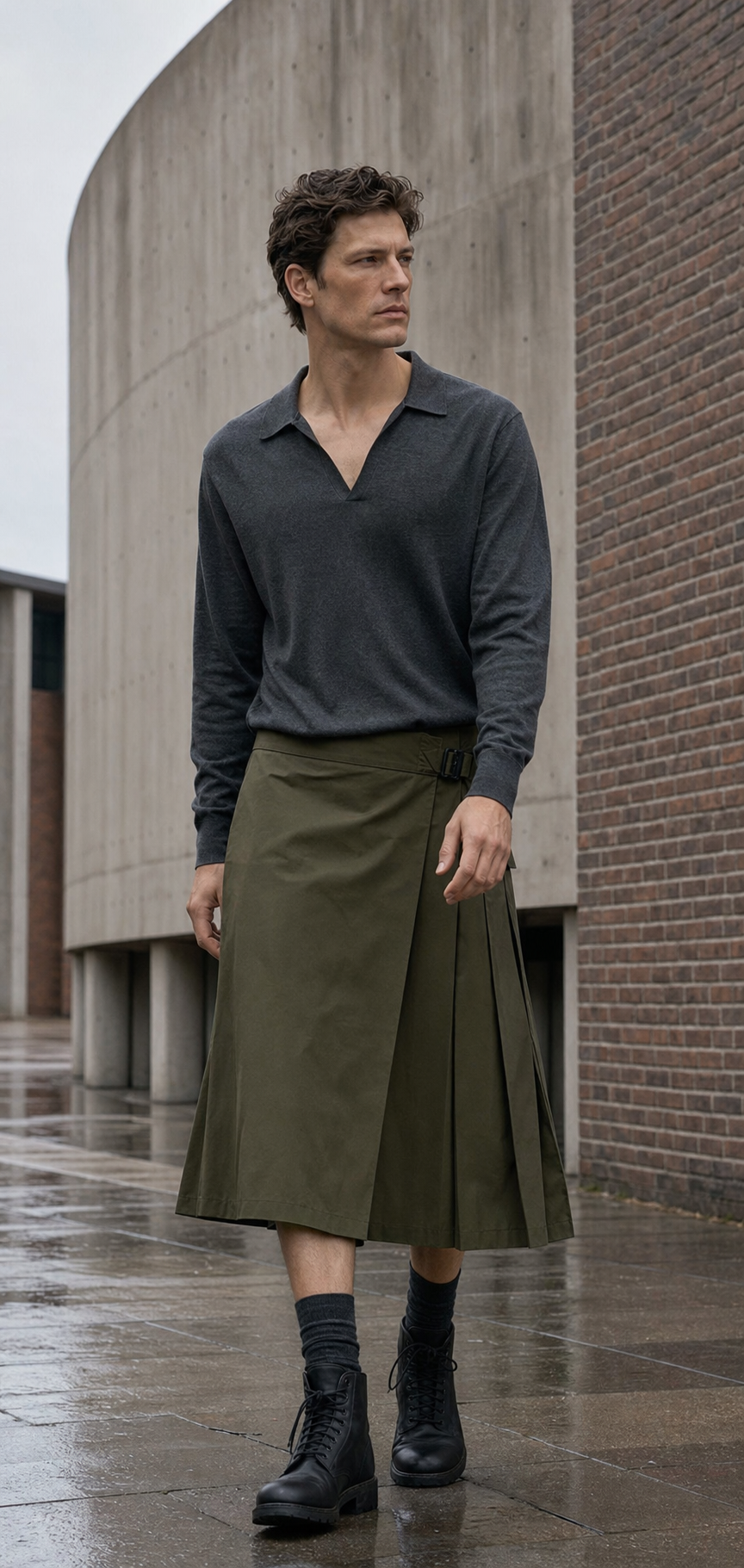 Mann in Kopenhagen mit langem olivfarbenem Utility-Kilt, graphitfarbenem V-Polo, Strümpfen und schwarzen Boots.