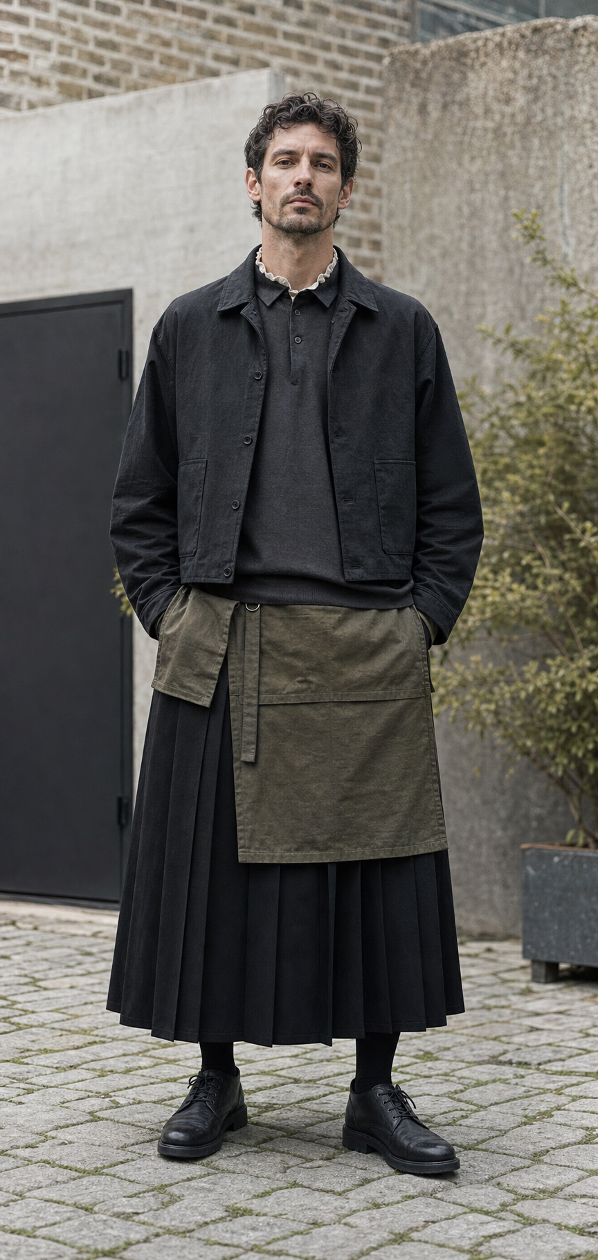 Uomo a Copenaghen con pannello utility oliva sopra una lunga gonna nera plissé e derby boots.