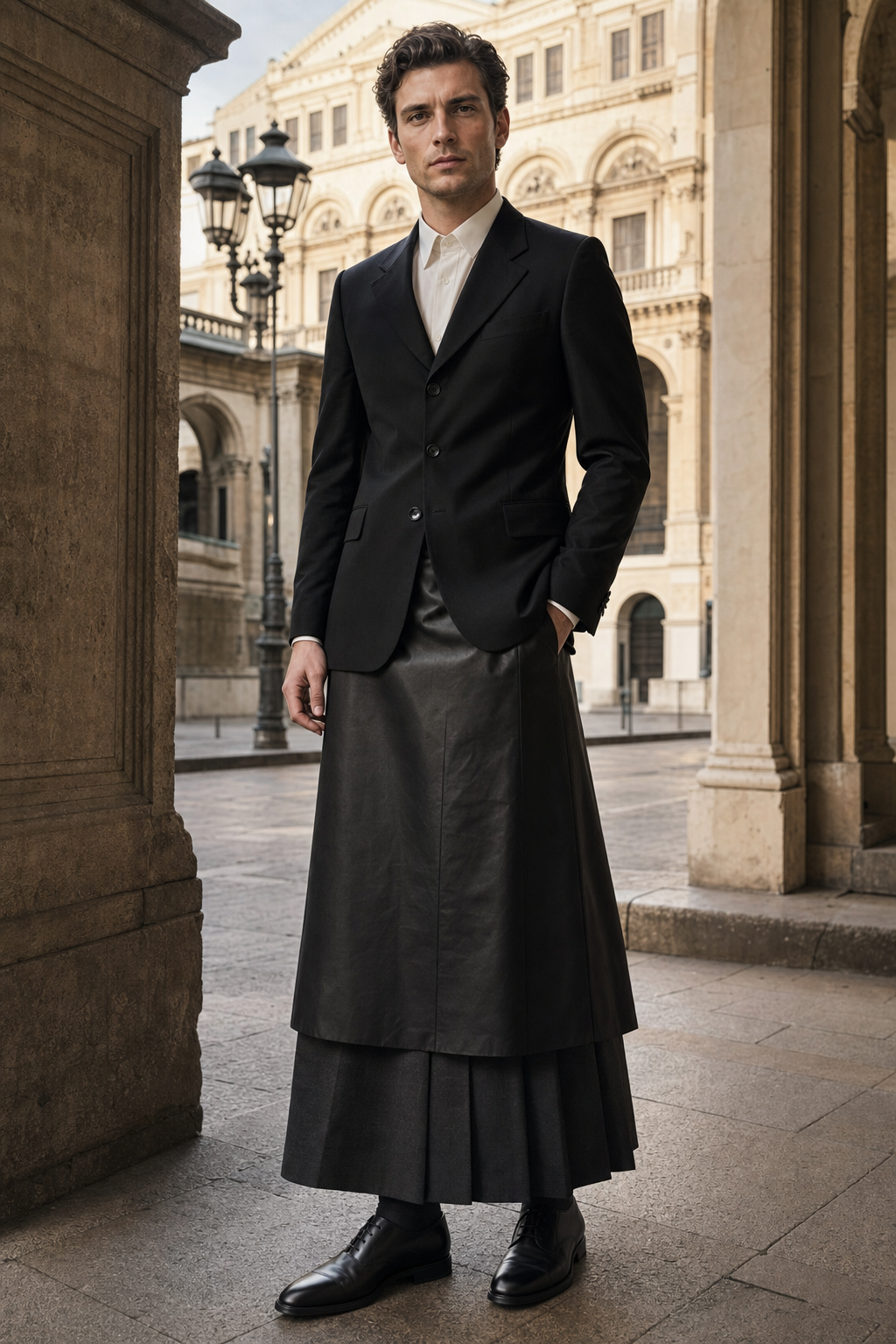 Uomo a Firenze con pannello di pelle nera sopra una lunga gonna plissé antracite, giacca nera e Oxford.