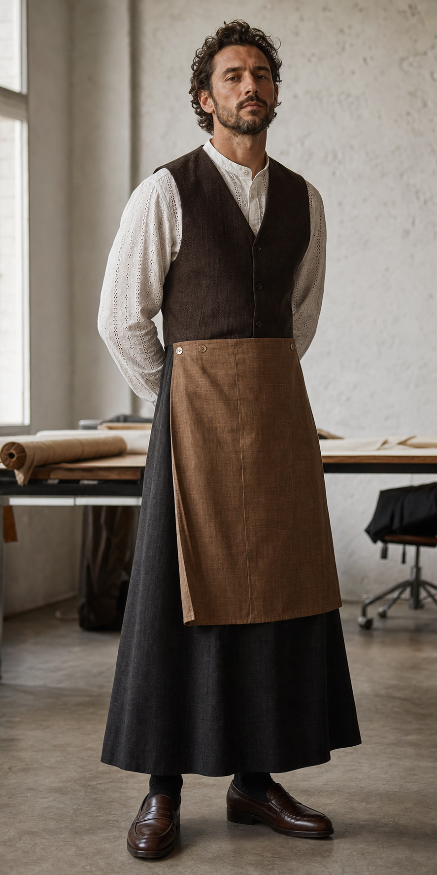 Uomo in un atelier milanese con pannello in lino tabacco, gonna lunga scura, camicia broderie e gilet.