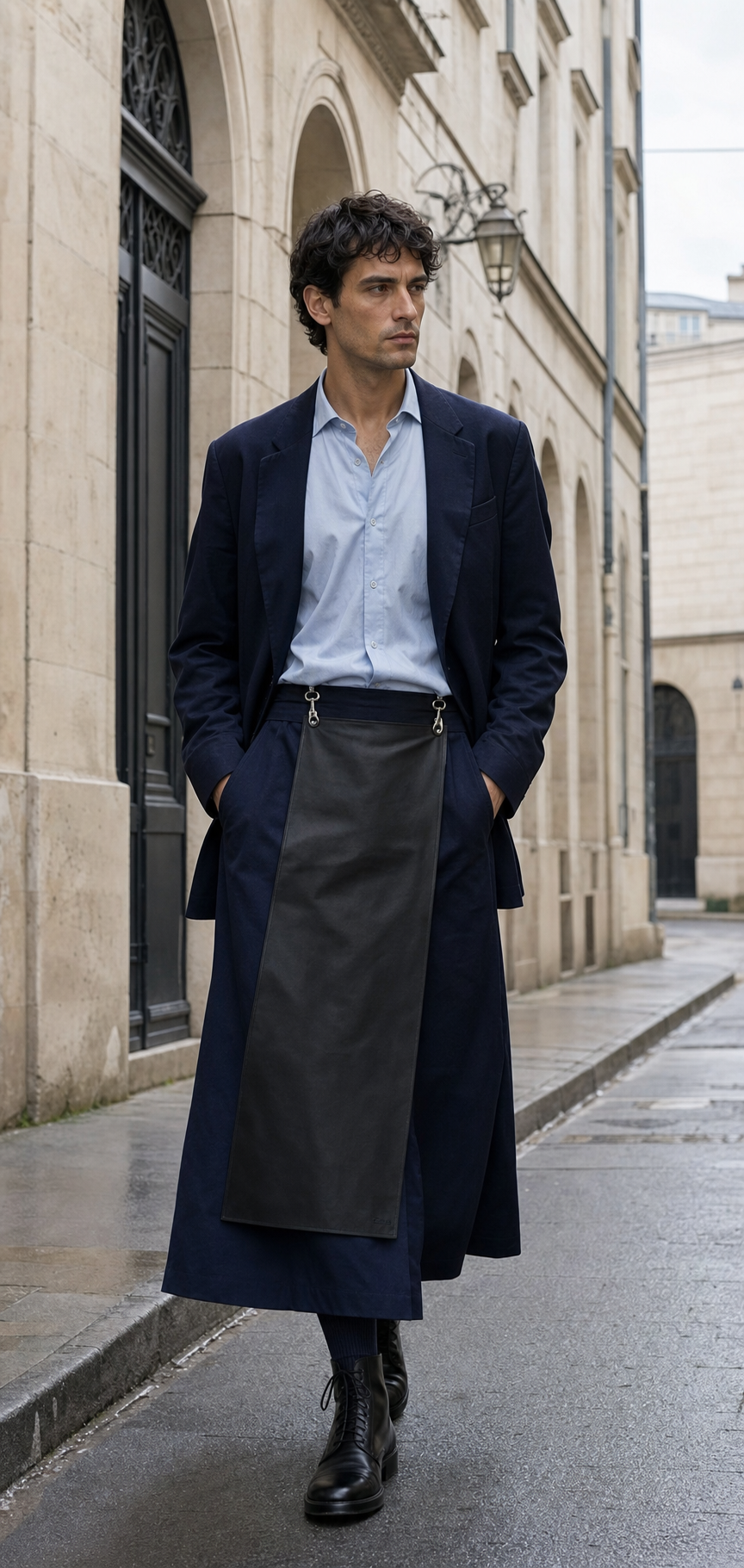 Uomo a Parigi con lunga gonna wrap blu inchiostro, pannello di pelle nera, giacca navy e stivaletti.