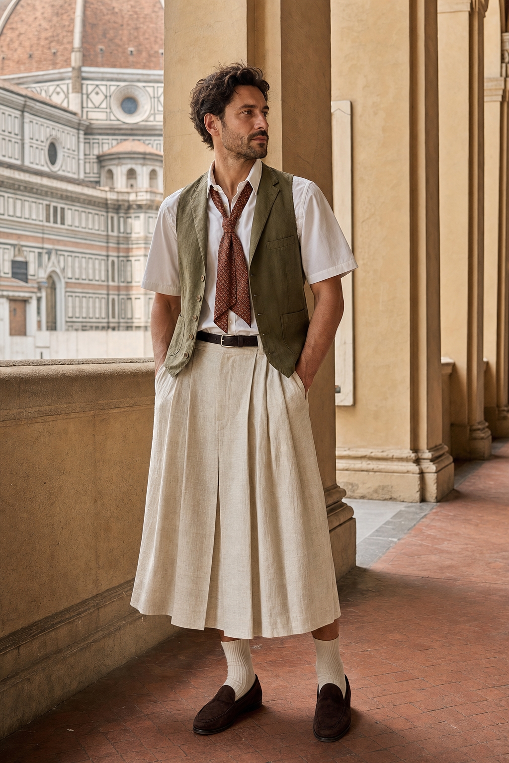 Uomo a Firenze con lunga gonna di lino sabbia, gilet oliva e cravat ruggine.