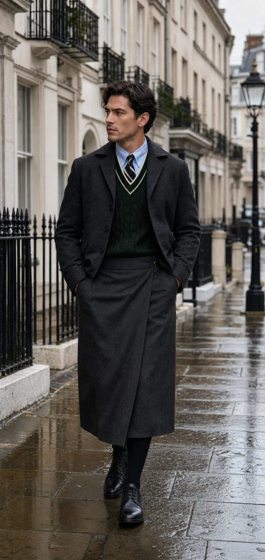 Uomo a Londra con lunga gonna wrap antracite, maglia cricket verde, cravatta a righe e Derby boot.