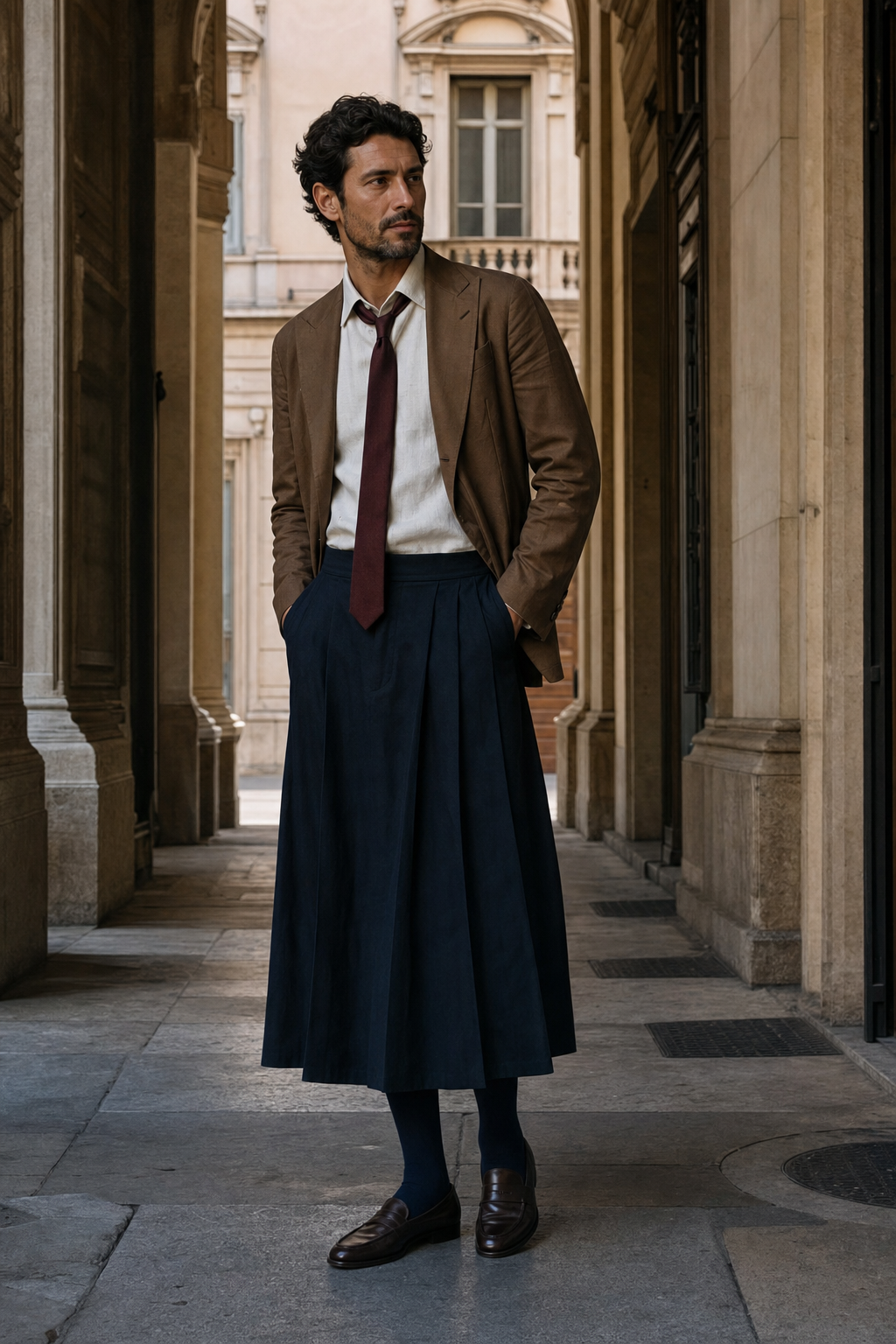 Uomo a Milano con lunga gonna plissettata navy, blazer in lino tabacco e cravatta bordeaux allentata.