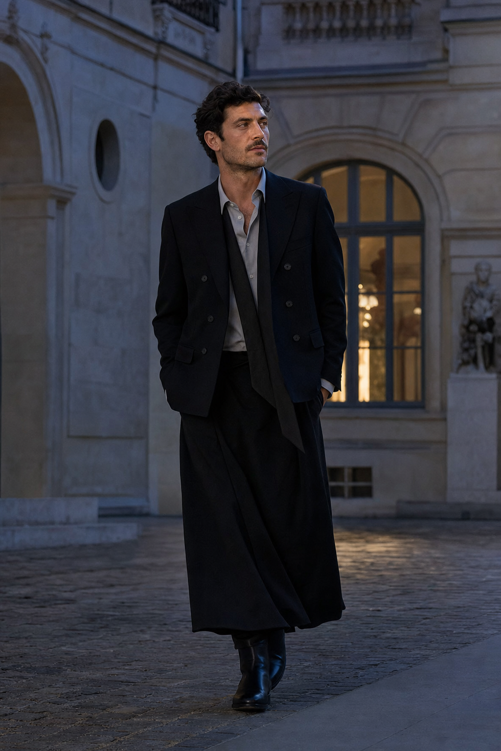 Uomo a Parigi con lunga gonna wrap nera, giacca color inchiostro e cravatta nera senza nodo.