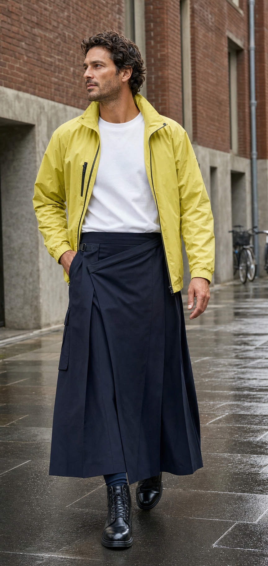 Mann in Kopenhagen mit langem navyfarbenem Utility-Wrap-Rock, weißem T-Shirt und zitronengelber Tech-Jacke.