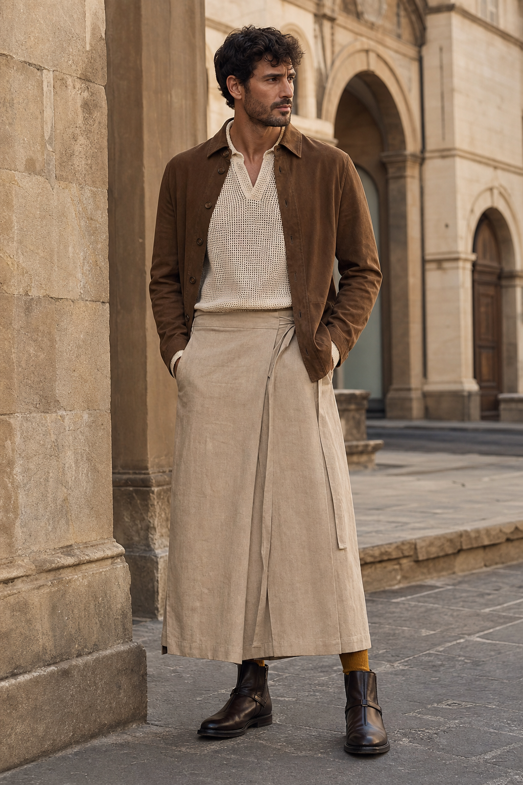 Mann in Florenz mit sandfarbenem Leinenrock, tabakfarbener Wildlederjacke und safrangelben Strümpfen.