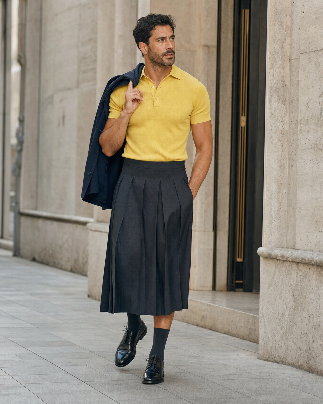 Mann in Mailand mit bananengelbem Strickpolo, langem anthrazitfarbenem Faltenrock und schwarzen Derbys.