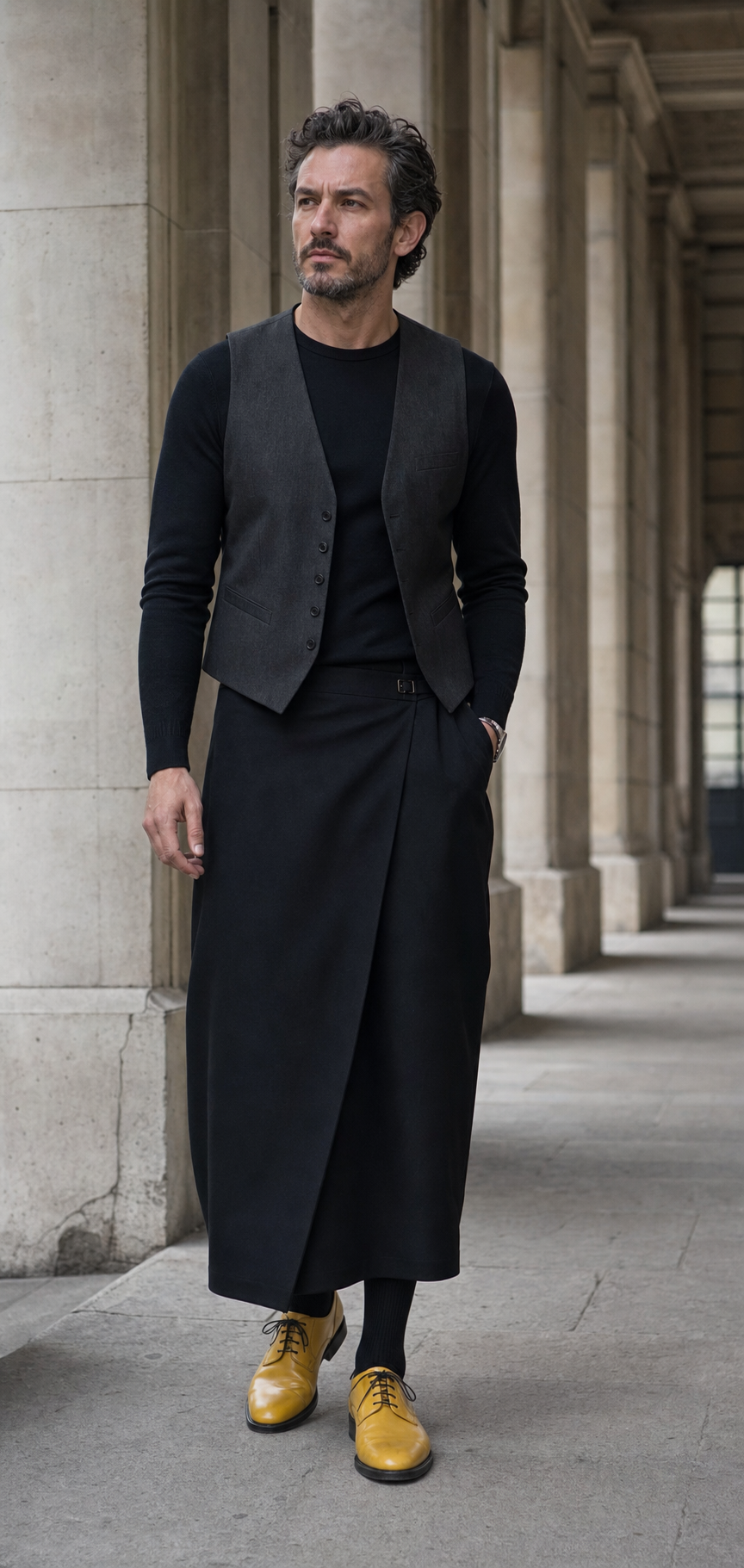 Mann in Paris mit schwarzem langem Wrap-Rock, anthrazitfarbener Weste und gelben Lederderbys.