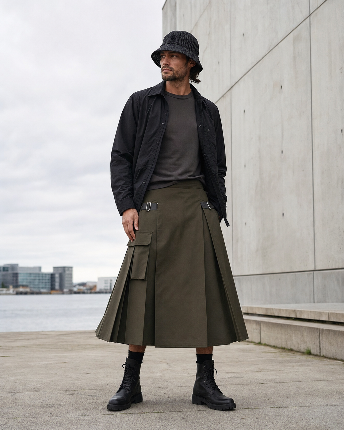 Uomo a Copenaghen con lunga gonna utility oliva a pieghe, overshirt nera, boots e bucket hat nero in rafia.