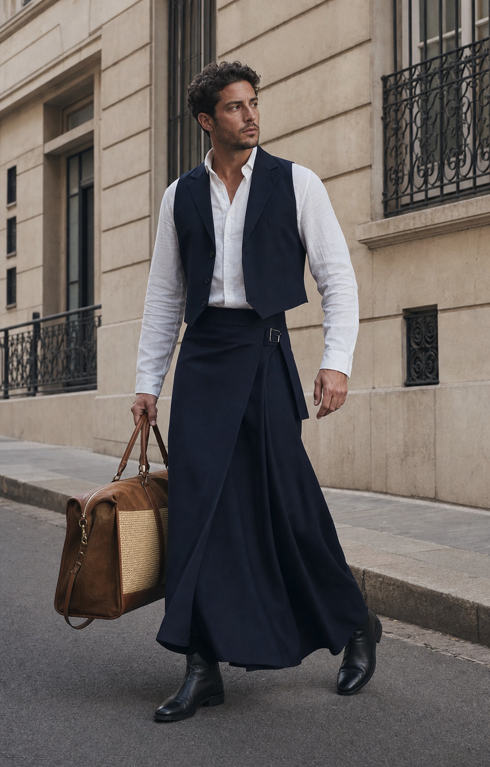 Uomo a Parigi con lunga gonna wrap navy, camicia di lino bianca, gilet, boots neri e travel bag in pelle, suede e rafia.