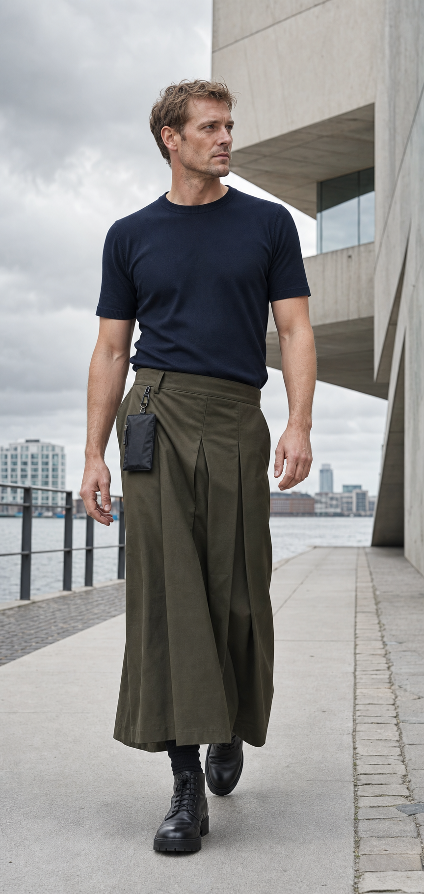 Homme à Copenhague en jupe longue utility olive plissée, maille navy et pochette noire en nylon attachée à la hanche.