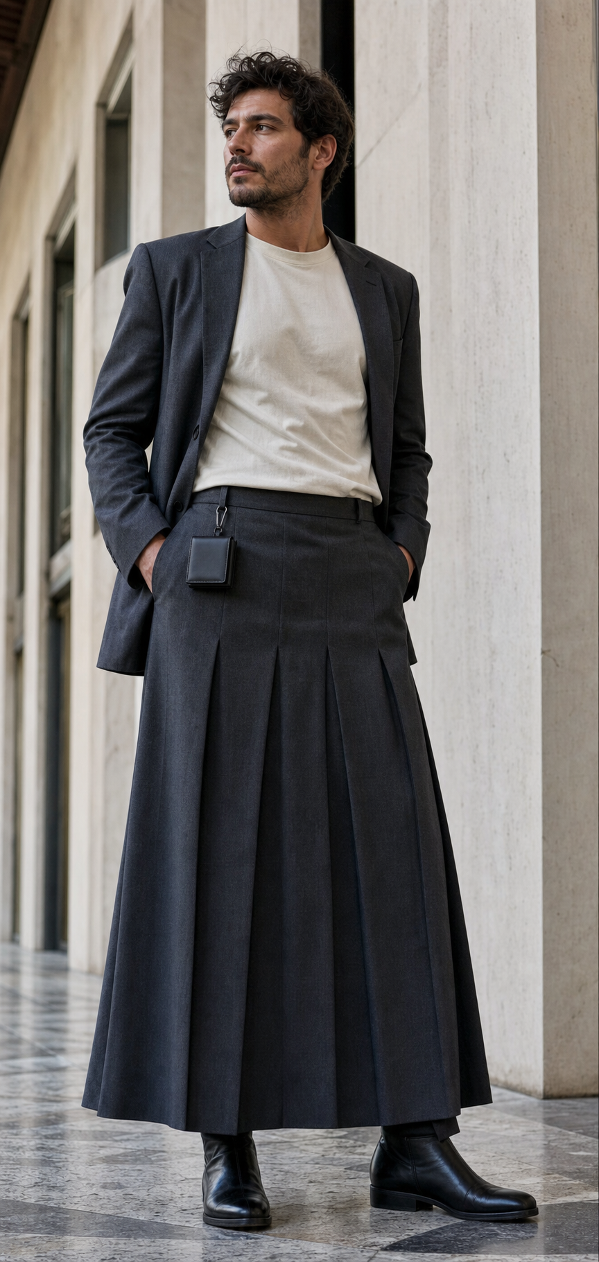 Homme à Milan en jupe longue plissée charcoal, blazer graphite et petite pochette noire en cuir au passant.