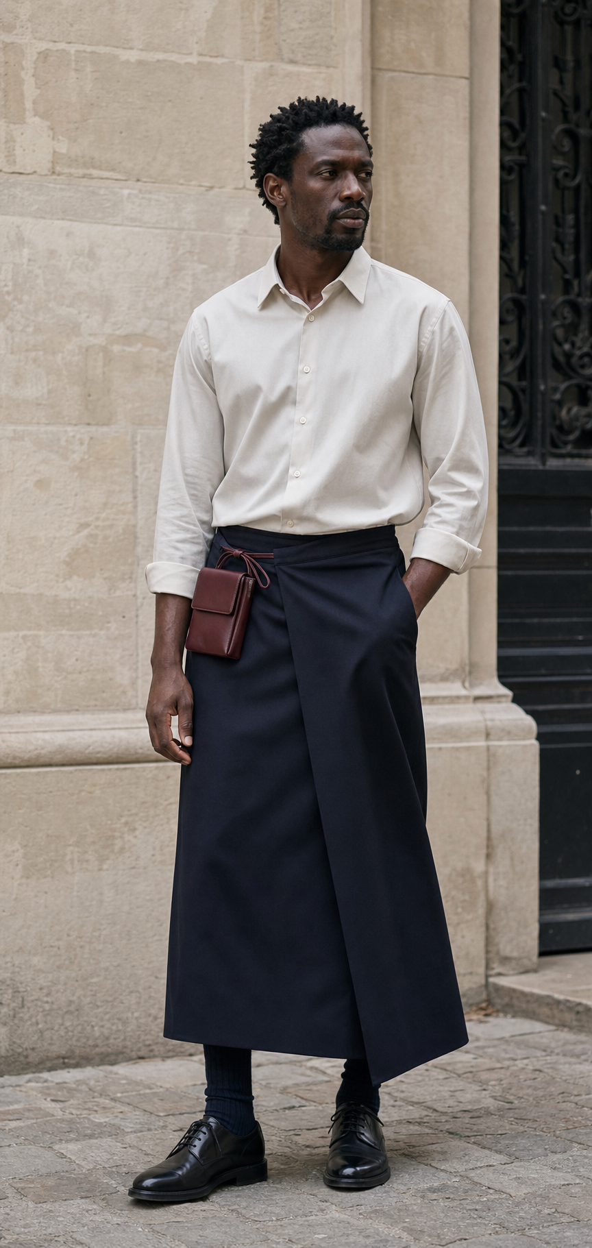 Homme à Paris en jupe longue wrap ink navy, chemise popeline claire et petite pochette oxblood en cuir à la taille.