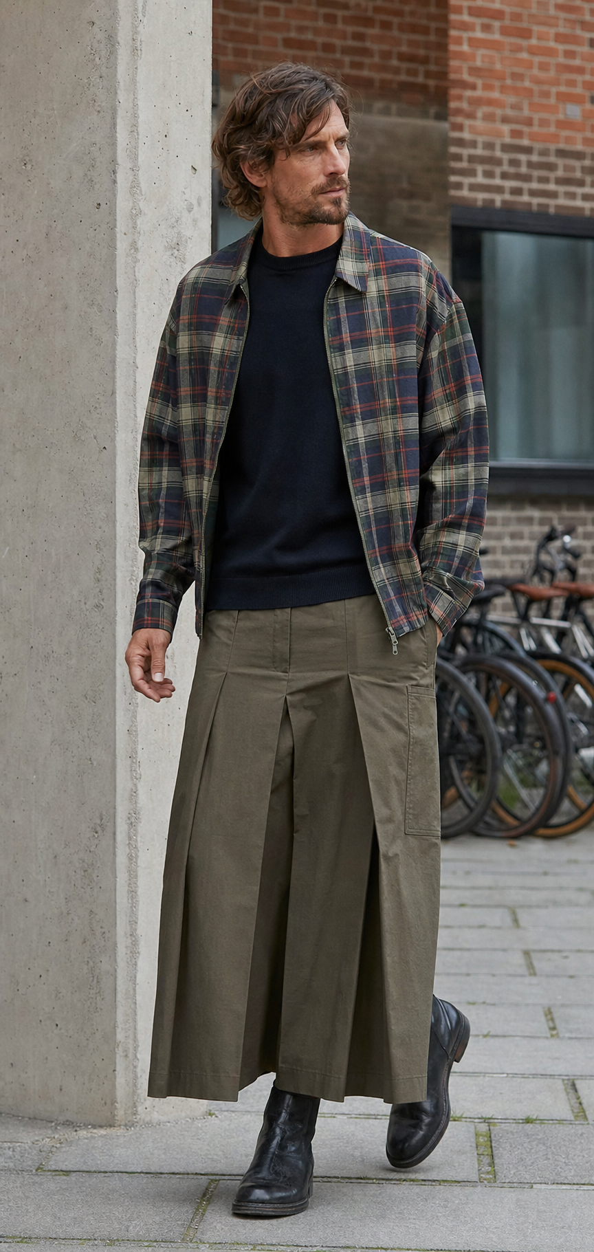 Mann in Kopenhagen mit Madras-Zip-Overshirt, navyfarbenem Strick und langem olivfarbenem Utility-Faltenrock.