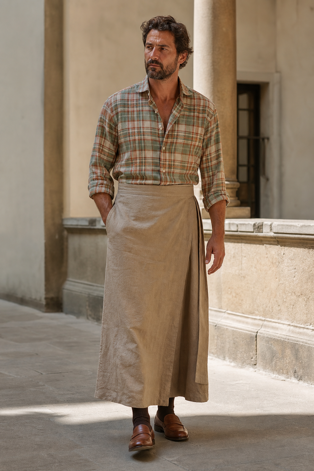 Mann in Florenz mit salbei-rostfarbenem Madras-Hemd, langem sandfarbenem Leinen-Wickelrock und braunen Loafern.