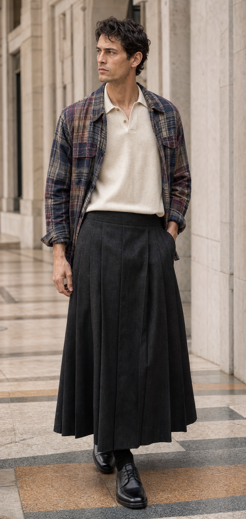 Mann in Mailand mit Madras-Field-Overshirt, ecrufarbenem Strickpolo und langem anthrazitfarbenem Faltenrock.