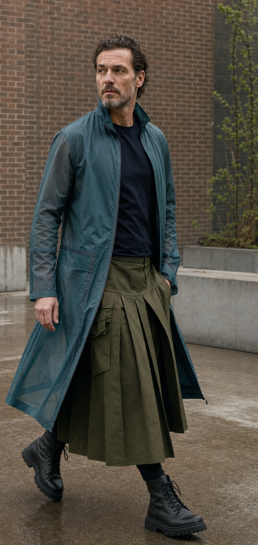 Uomo a Copenaghen con lunga gonna utility oliva a pieghe, T-shirt navy, duster tecnico teal trasparente e boots neri.