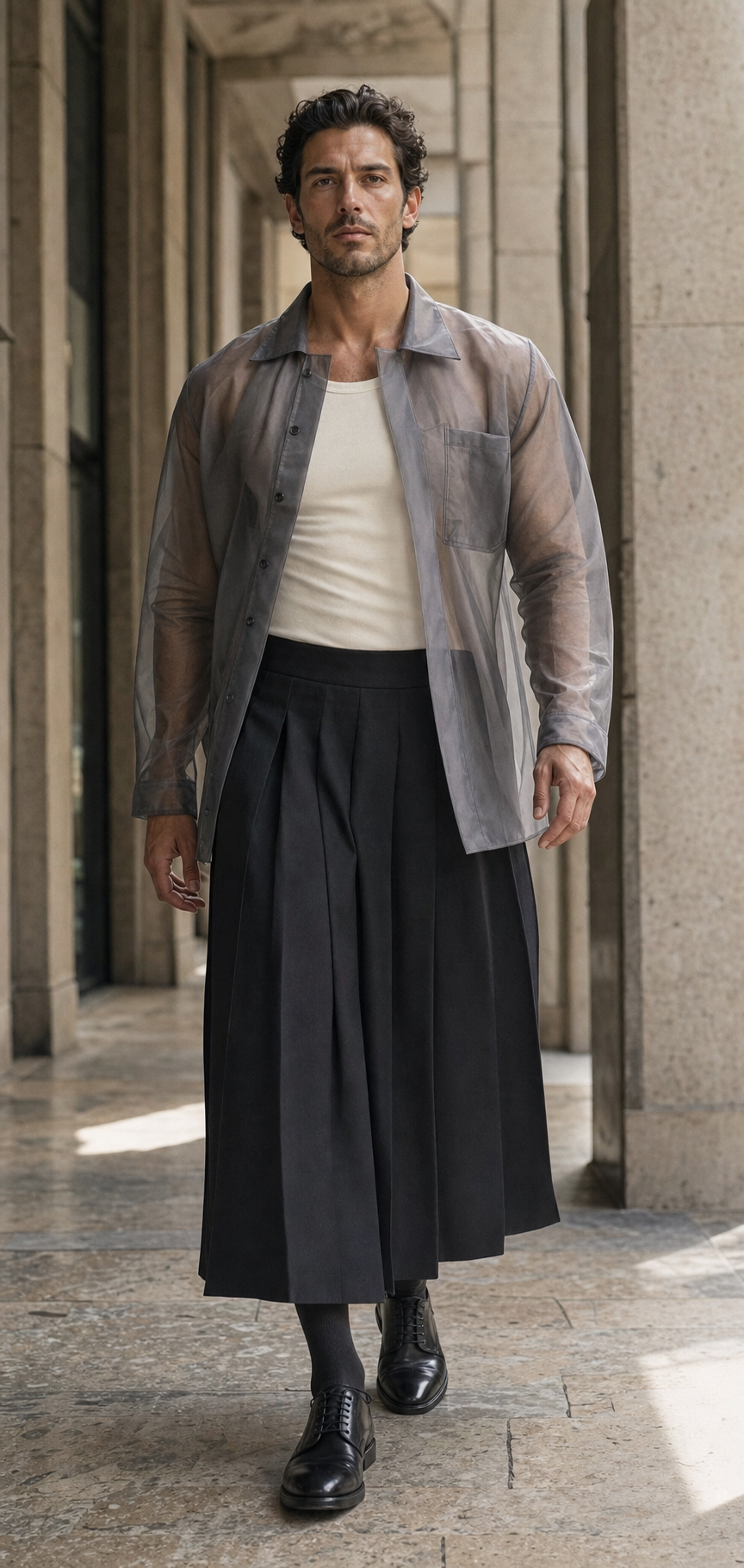 Uomo a Milano con lunga gonna plissettata charcoal, tank avorio e camicia-giacca trasparente d'organza smoke.