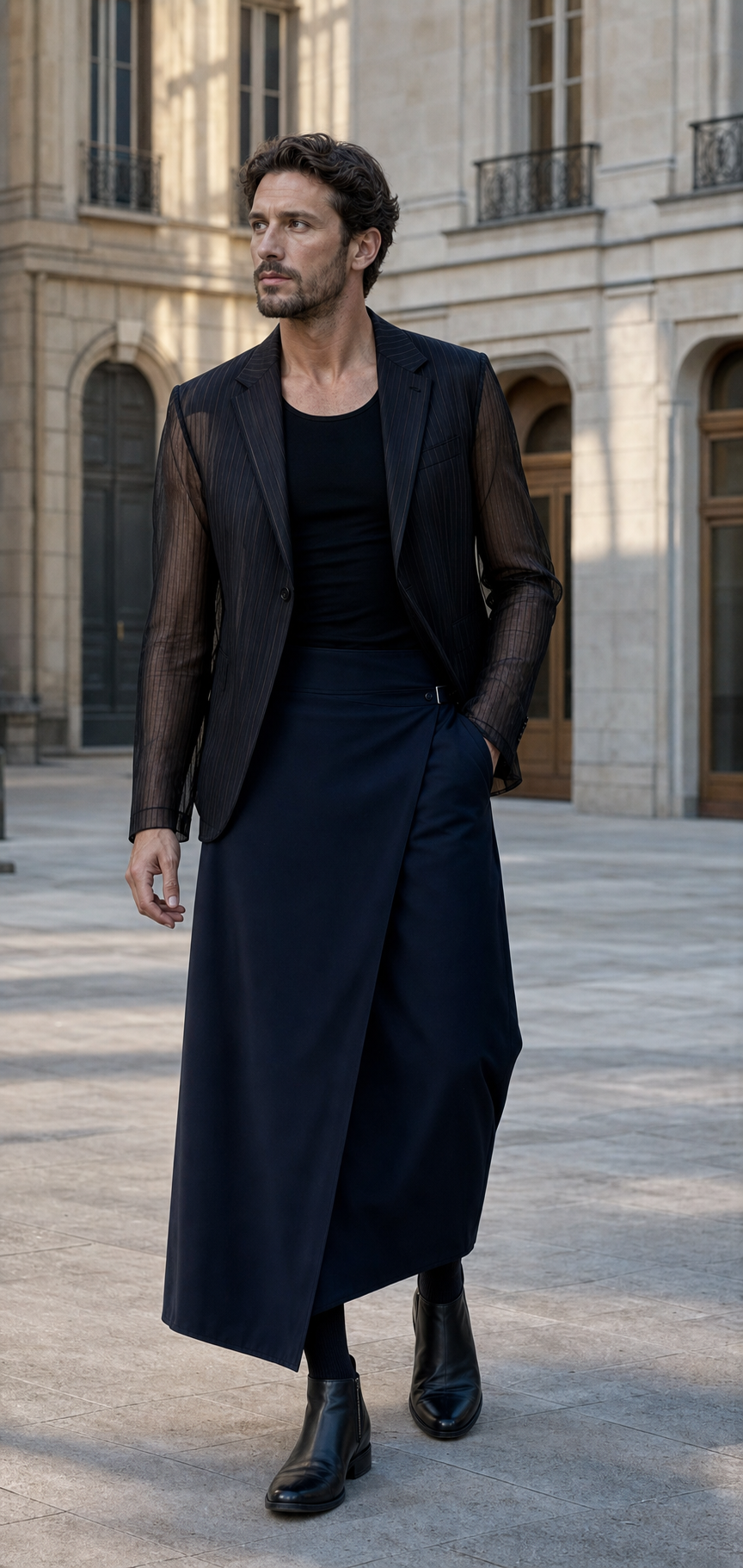 Uomo a Parigi con lunga gonna wrap ink navy, tank nero e blazer semitrasparente di chiffon gessato.