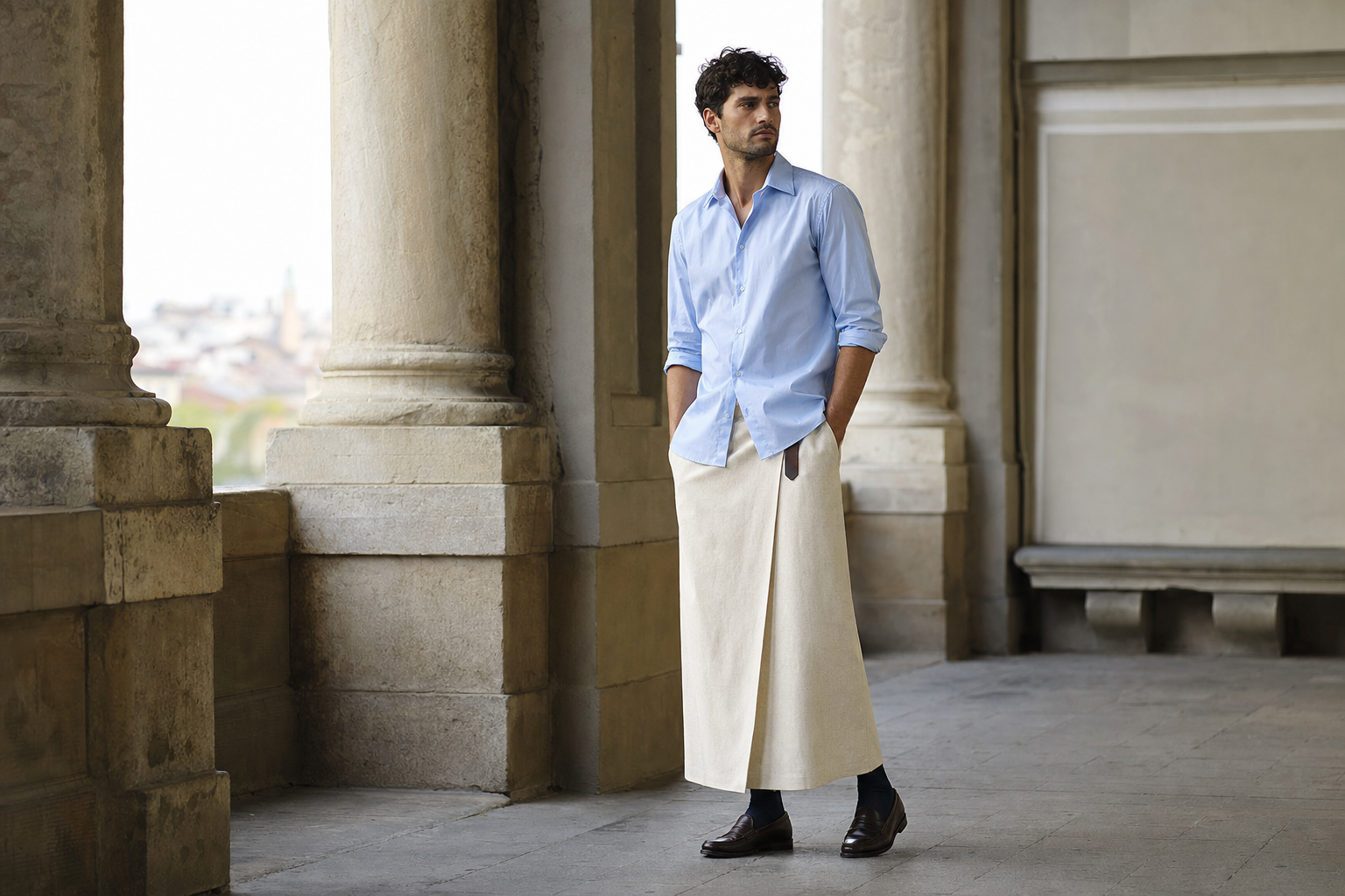 Uomo a Firenze con camicia azzurra di popeline fuori, lunga gonna wrap écru e loafer marroni.