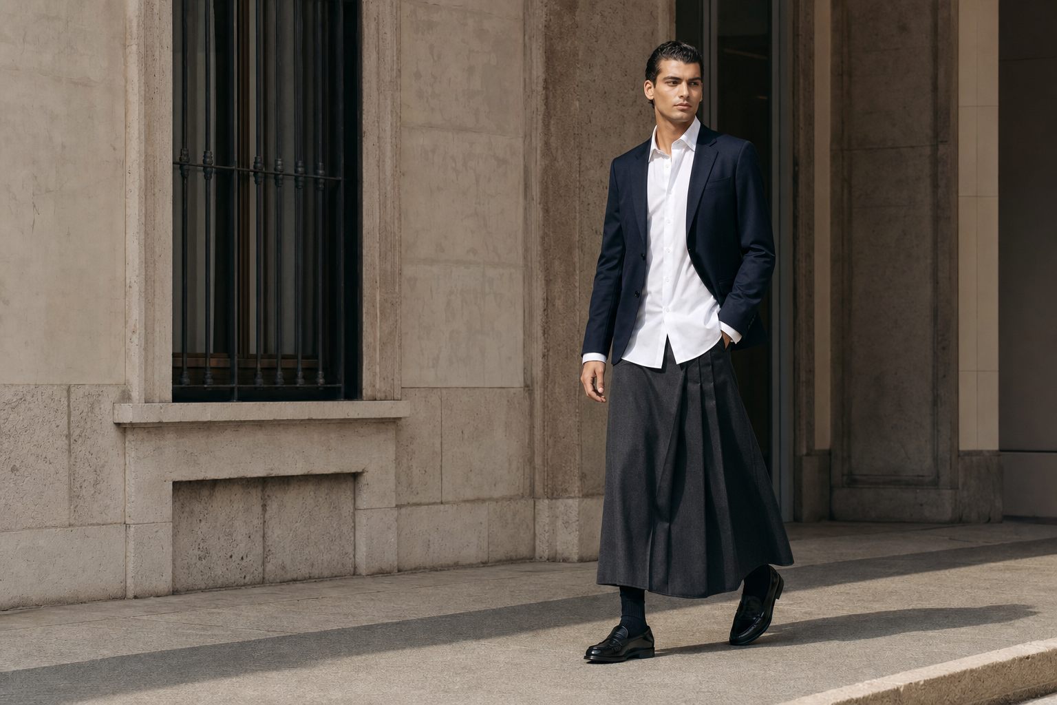 Uomo a Milano con camicia bianca di popeline fuori da una lunga gonna plissettata charcoal, blazer navy e loafer neri.