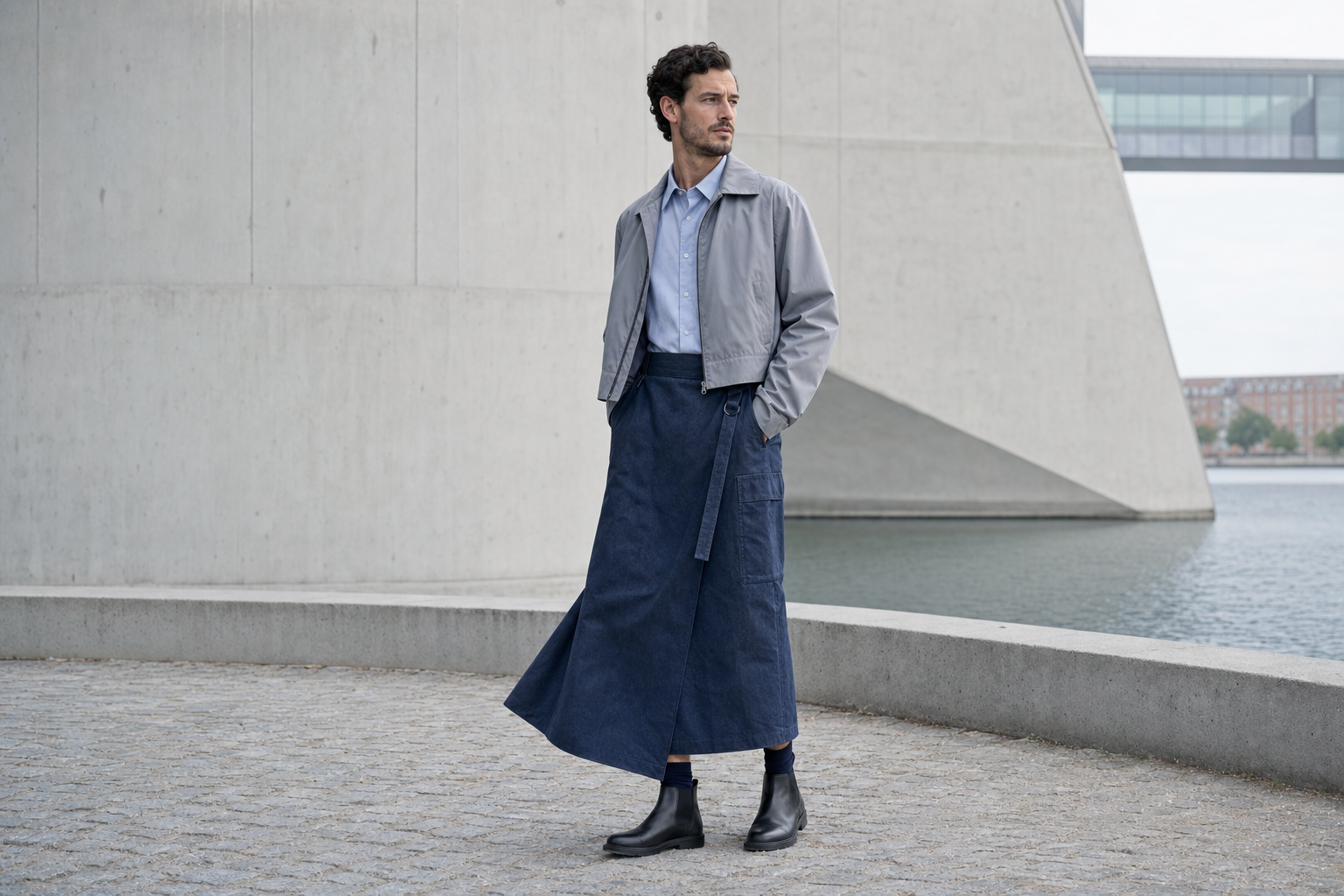 Man in Copenhagen wearing a long dark-indigo utility wrap skirt, grey blouson and black boots.