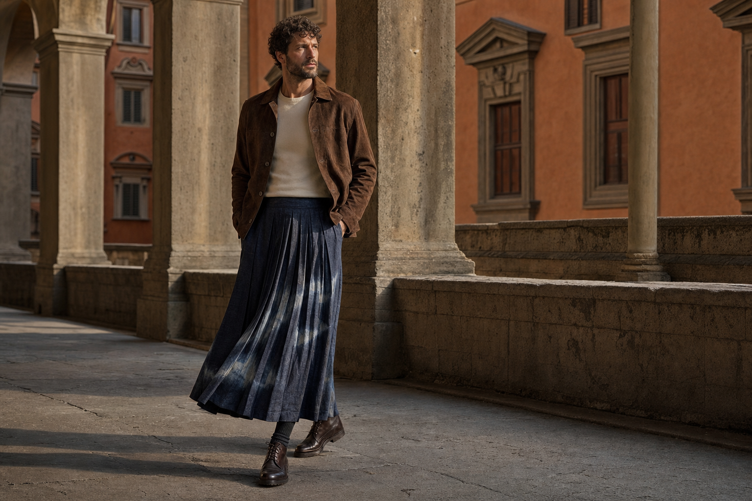 Man in Florence wearing a long indigo pleated skirt with subtle shibori patterning, suede overshirt and brown boots.