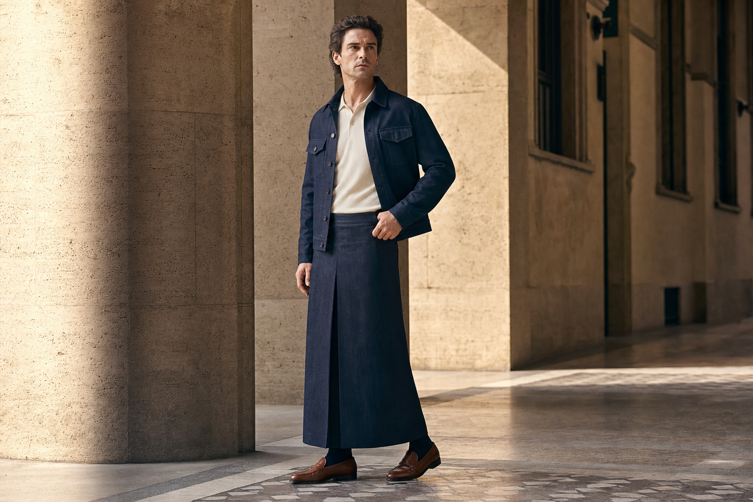 Man in Milan wearing a long midnight-indigo column skirt, short indigo jacket, ivory polo and brown loafers.