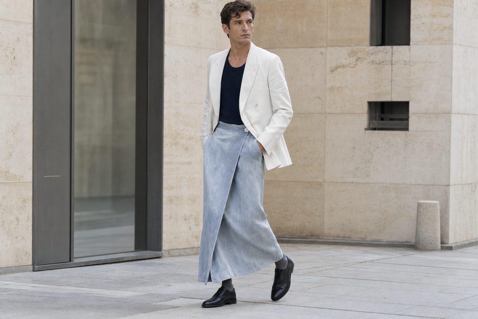 Man in Paris wearing a long pale washed-indigo wrap skirt, white blazer and black derby shoes.