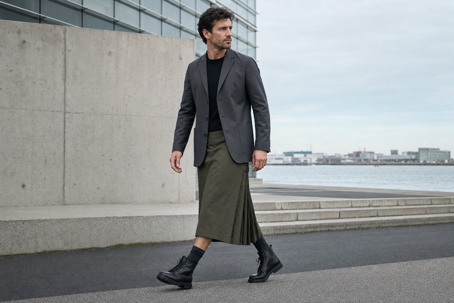 Mann in graphitfarbenem Drei-Knopf-Blazer und olivfarbenem langem Utility-Kilt in Kopenhagen