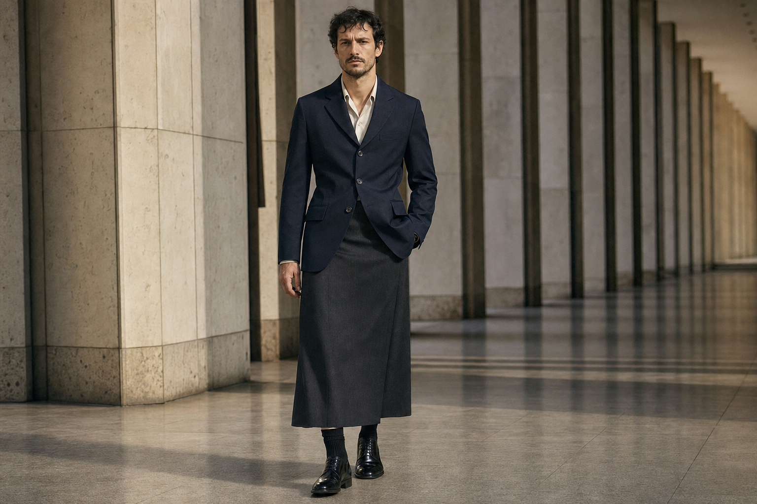 Detail der vertikalen Silhouette aus langem Blazer und Herrenrock