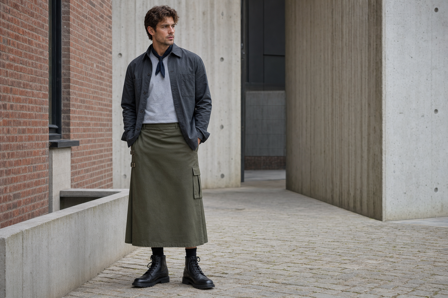 Uomo a Copenaghen con neckerchief blu notte e utility kilt lungo verde oliva