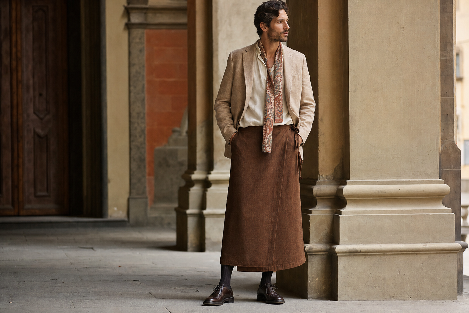 Uomo a Firenze con foulard di seta stampato, blazer di lino e gonna lunga tabacco