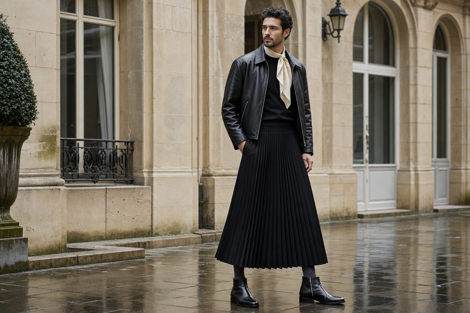 Uomo a Parigi con foulard avorio, giacca di pelle nera e gonna lunga plissettata nera