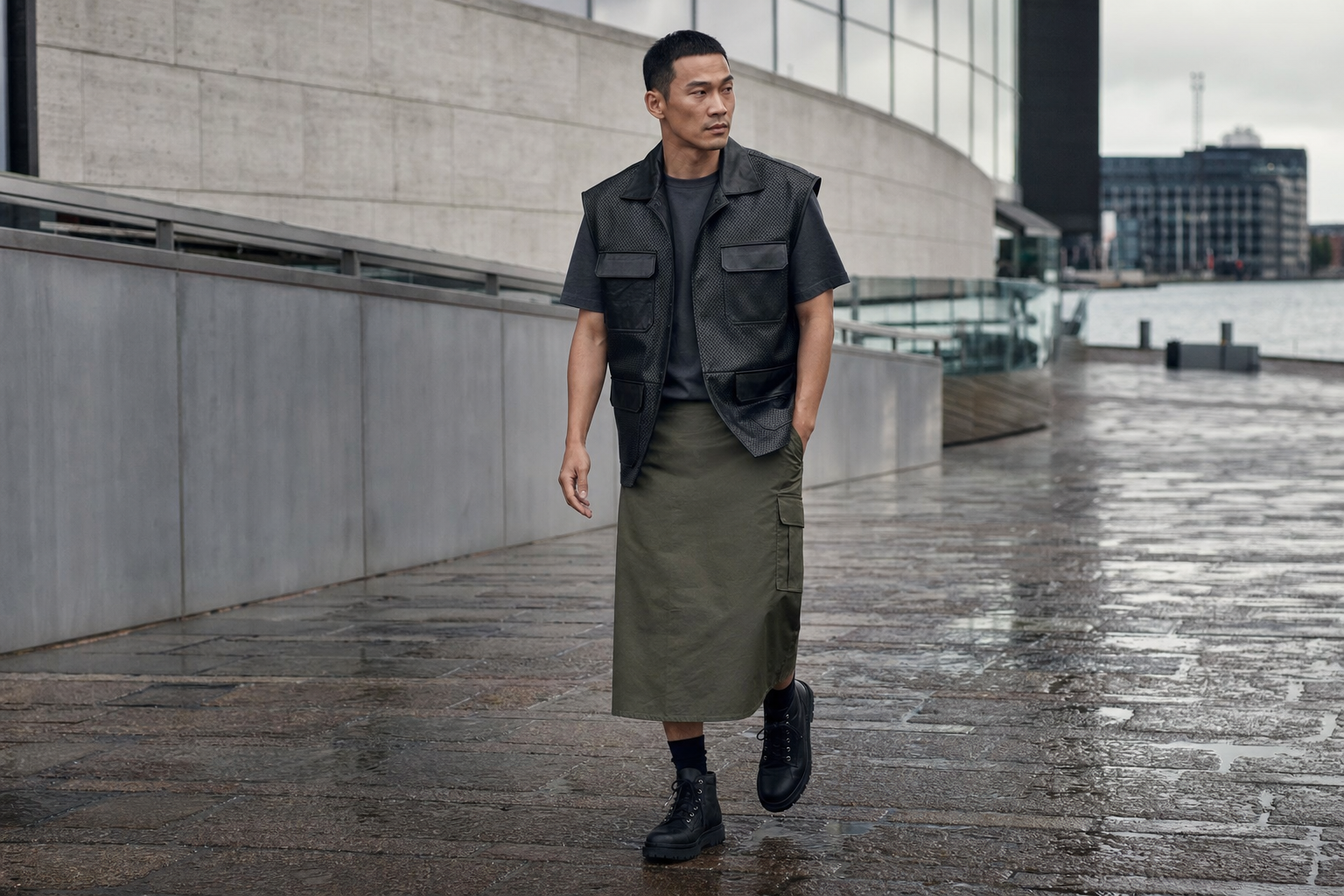 Homme à Copenhague en gilet de cuir noir perforé et long utility kilt olive.