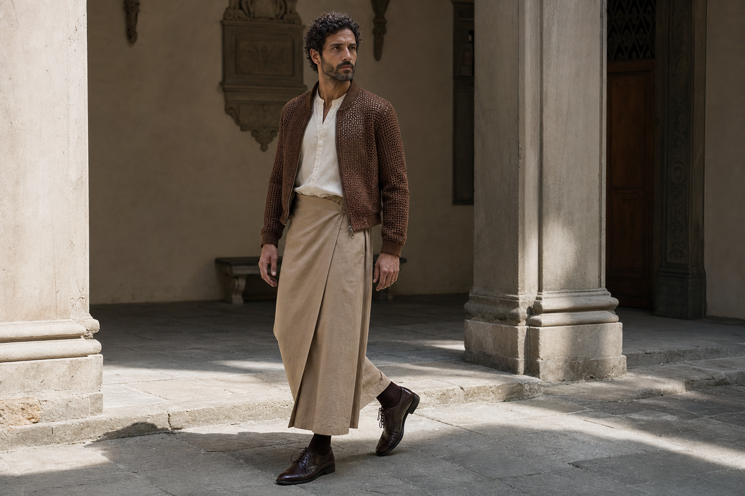 Homme à Florence en blouson de cuir tabac tressé, chemise de lin et longue jupe portefeuille sable.