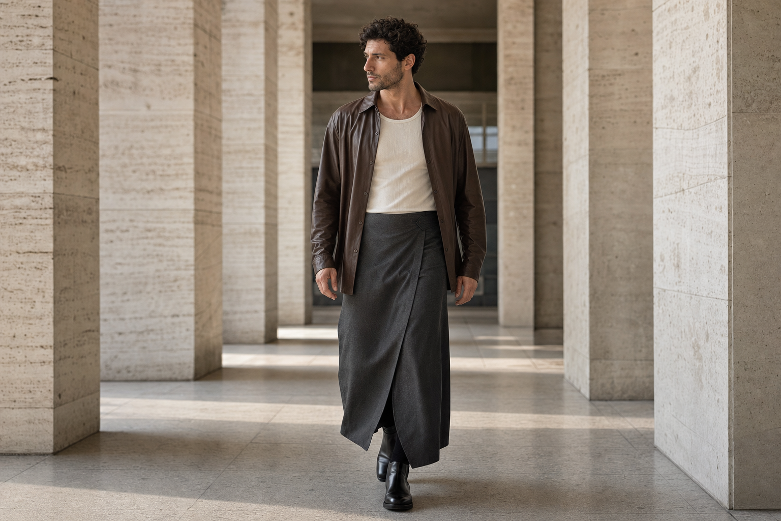 Homme à Milan en surchemise de cuir cocoa souple, haut écru et longue jupe portefeuille charcoal.