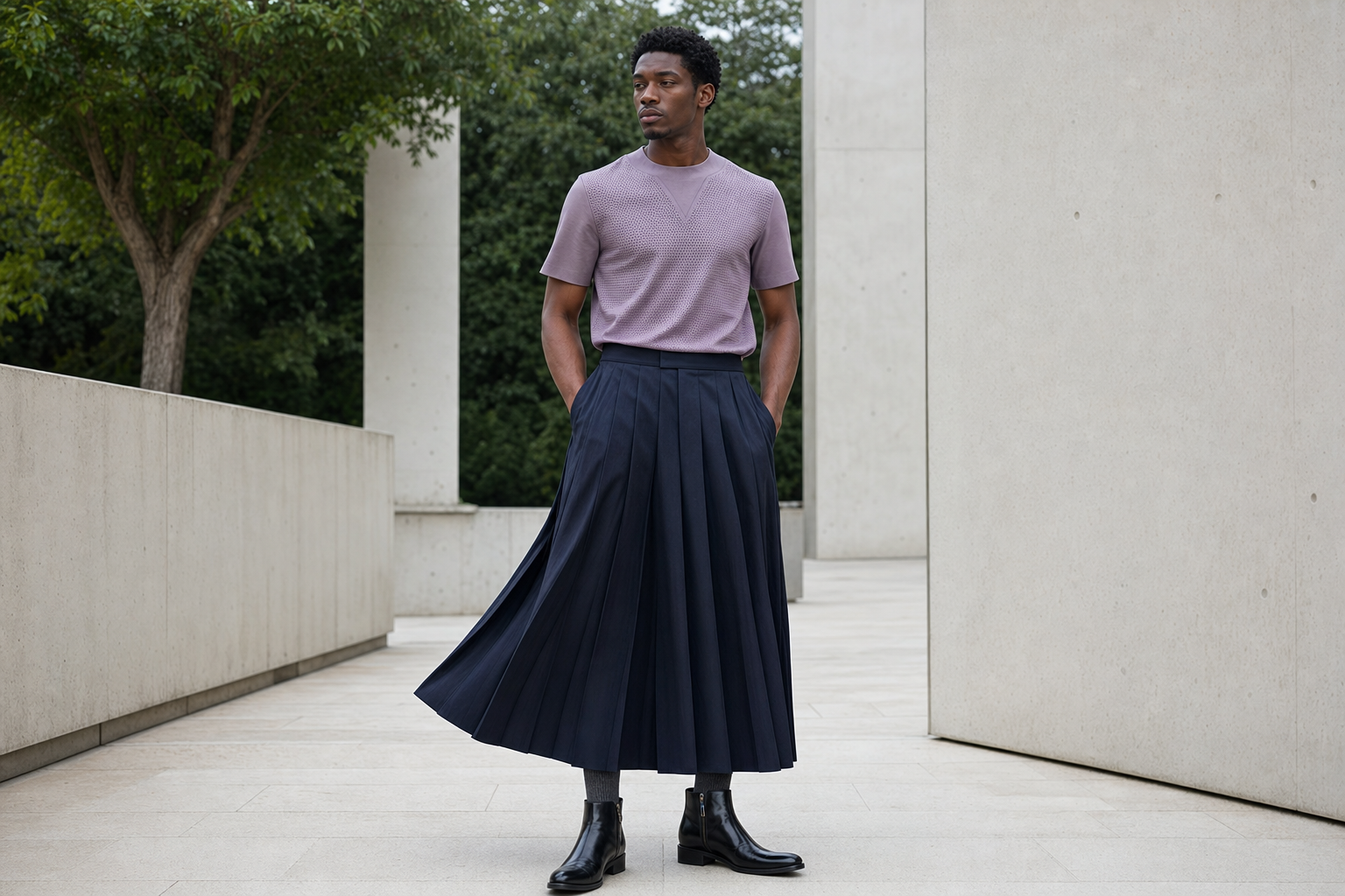 Homme à Paris en T-shirt de cuir lilas perforé et longue jupe plissée bleu encre.