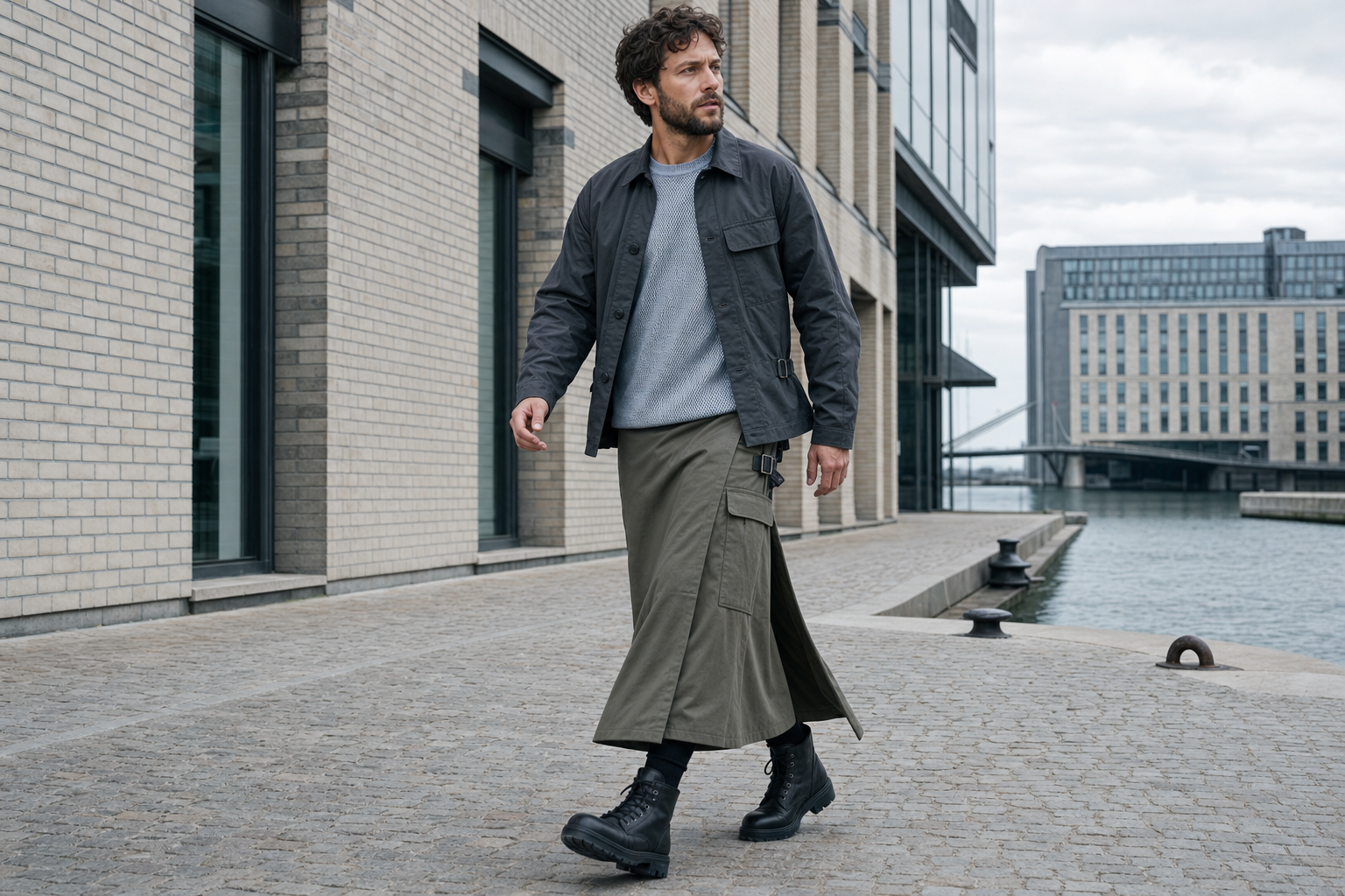 Mann in Kopenhagen mit artikuliertem Overshirt und langem olivfarbenem Utility-Kilt.