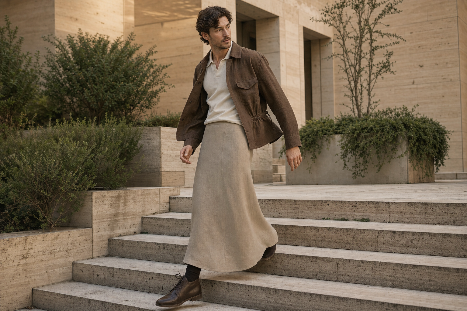 Mann in Florenz mit Bi-Swing-Leinenjacke und langem steinfarbenem Leinenrock.