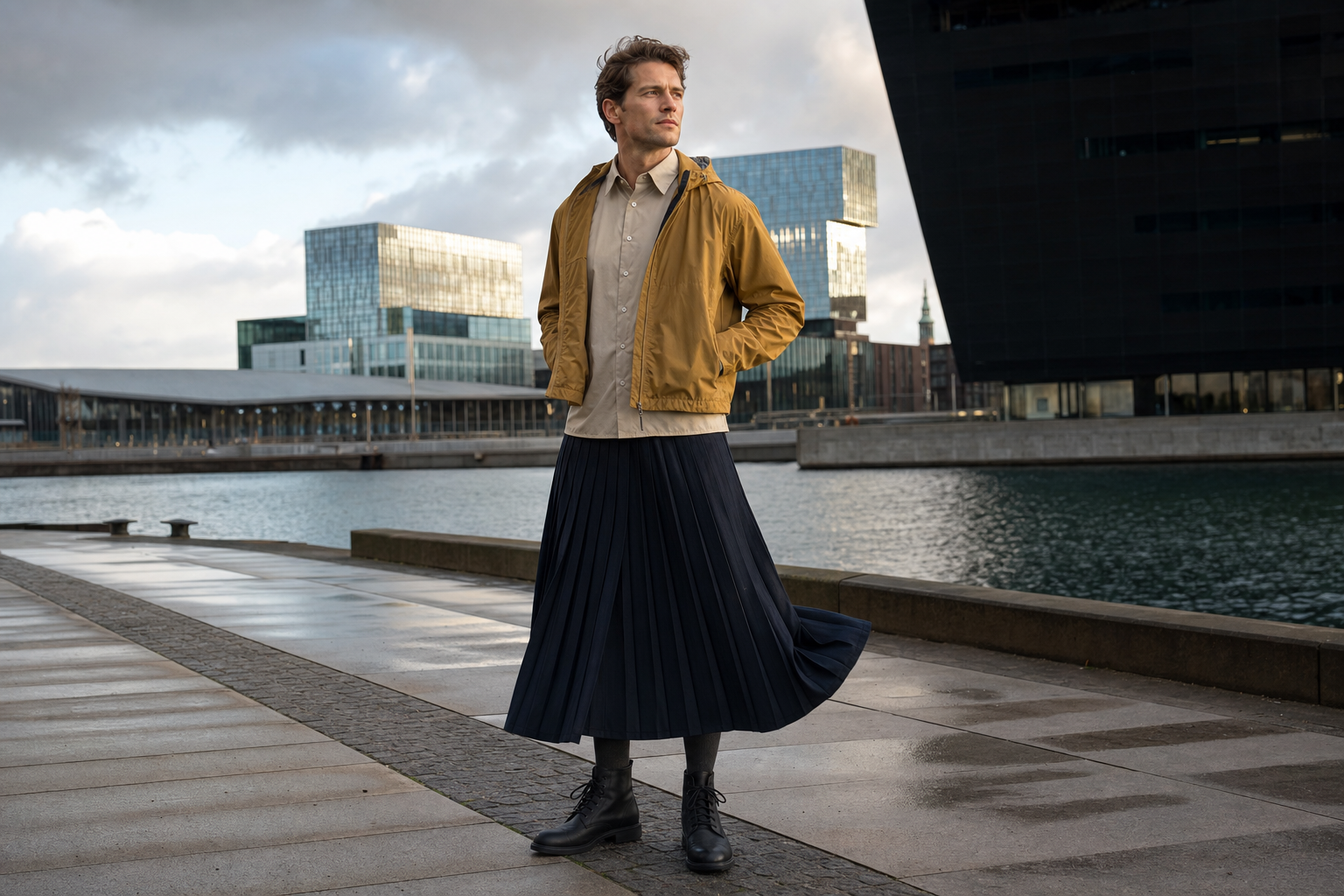 Uomo a Copenaghen con shell ocra e lunga gonna plissé navy.