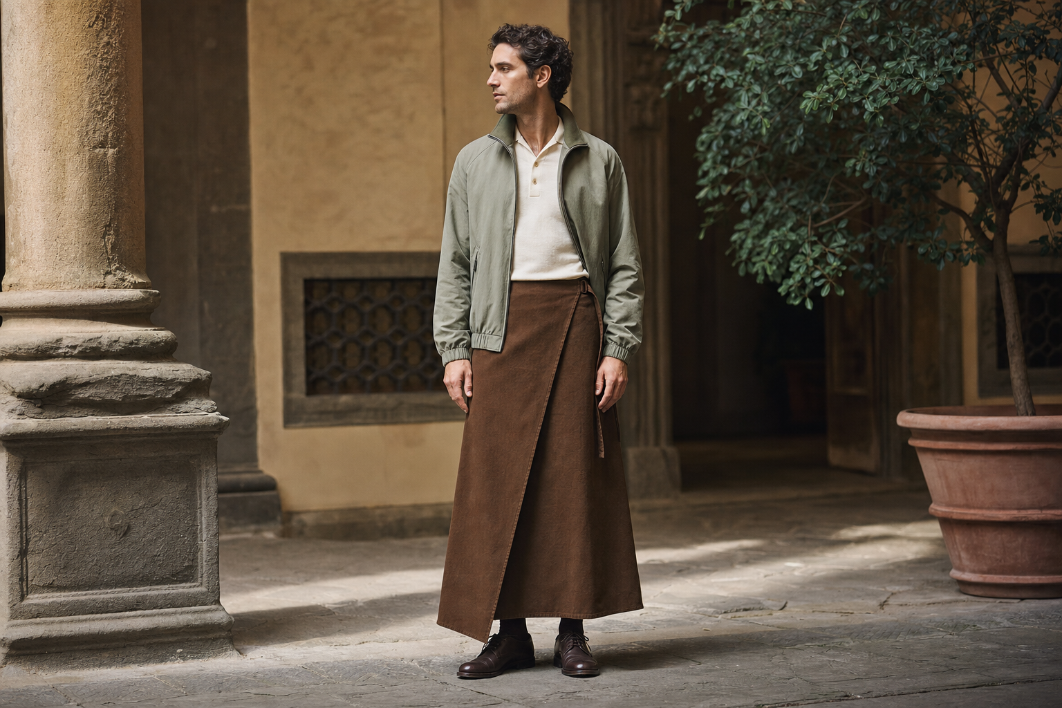 Uomo a Firenze con blouson salvia e lunga gonna wrap tabacco.