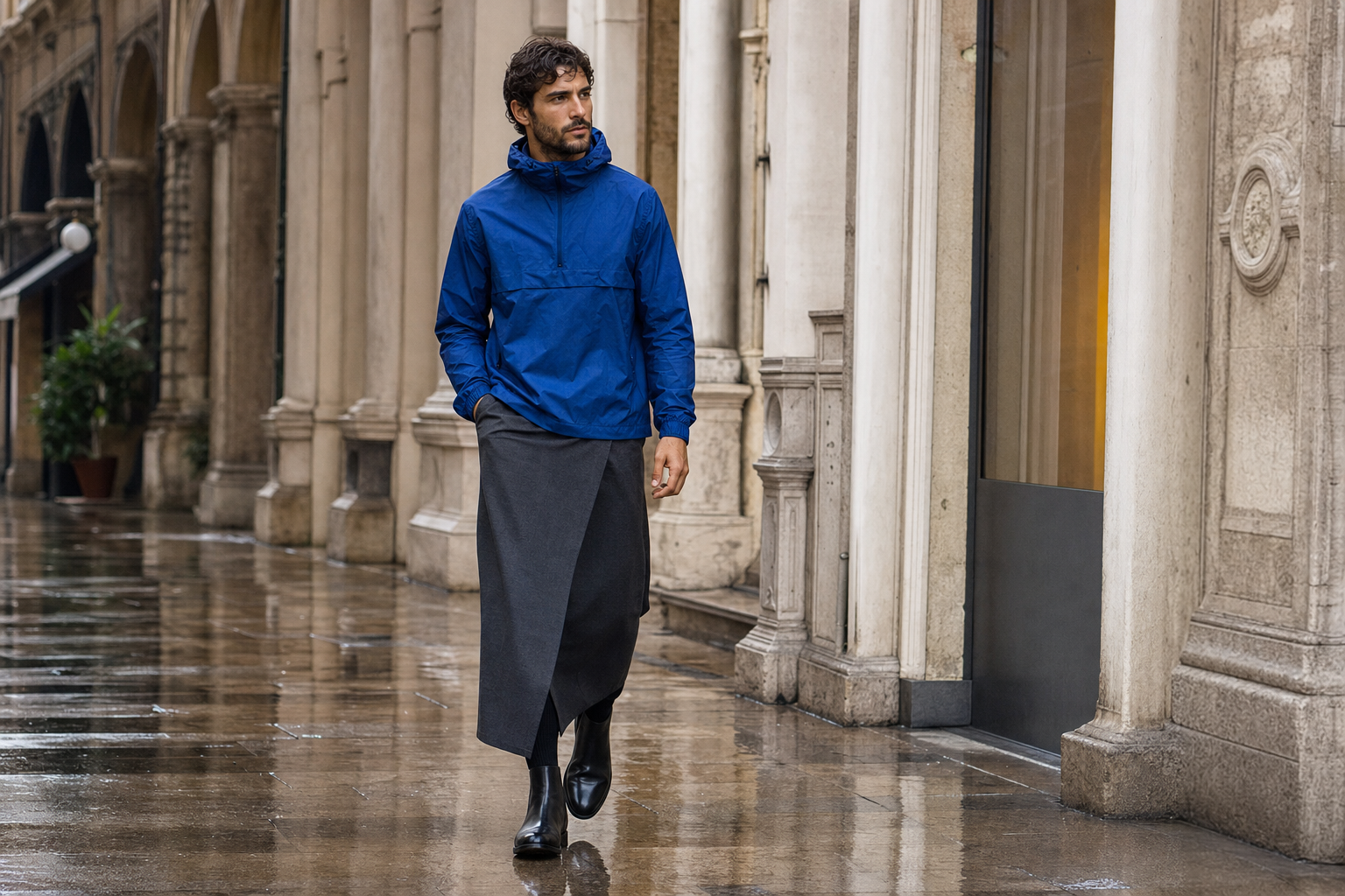 Uomo a Milano con shell packable cobalto e lunga gonna wrap charcoal.