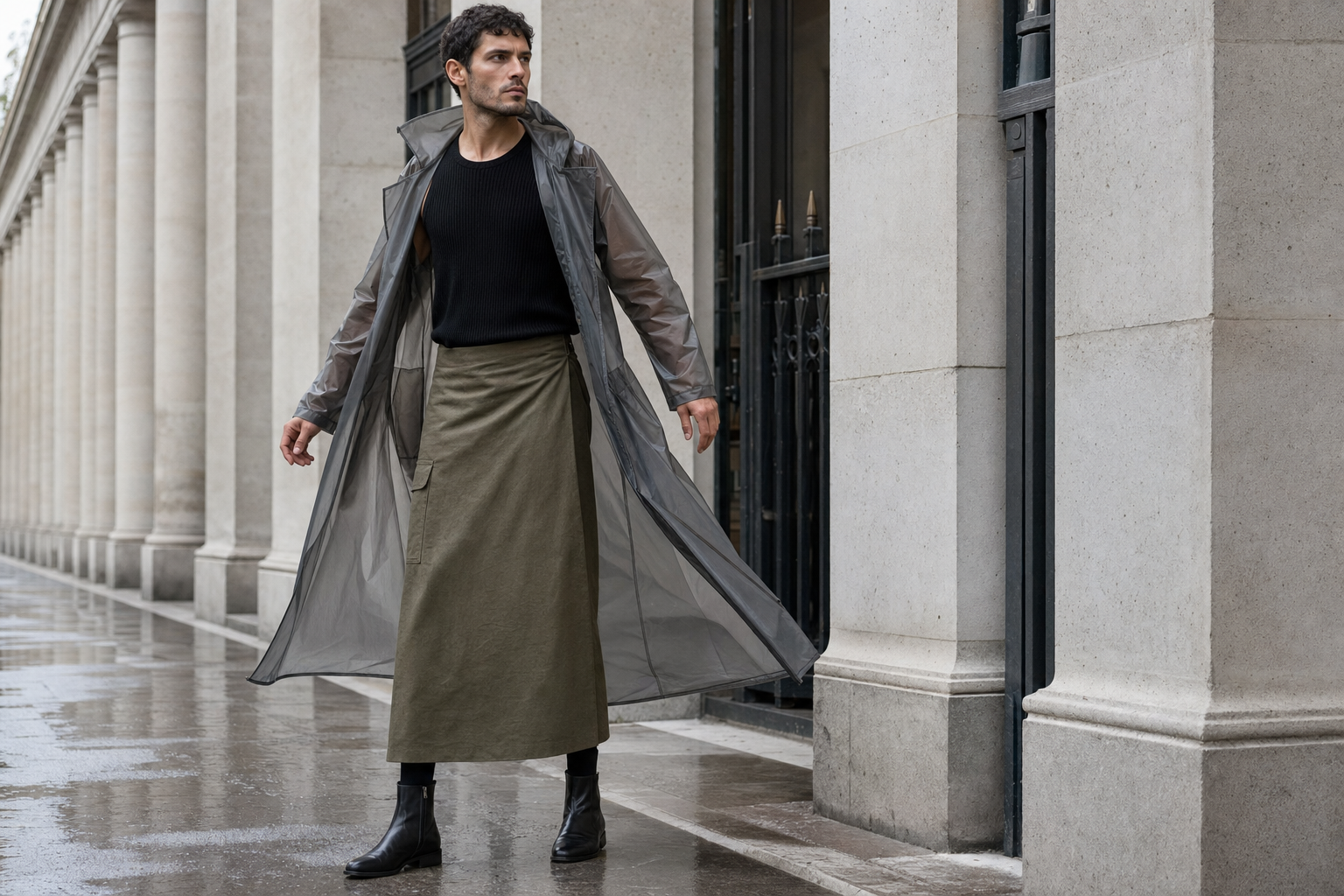 Uomo a Parigi con mac grigio traslucido e lunga gonna utility wrap oliva.