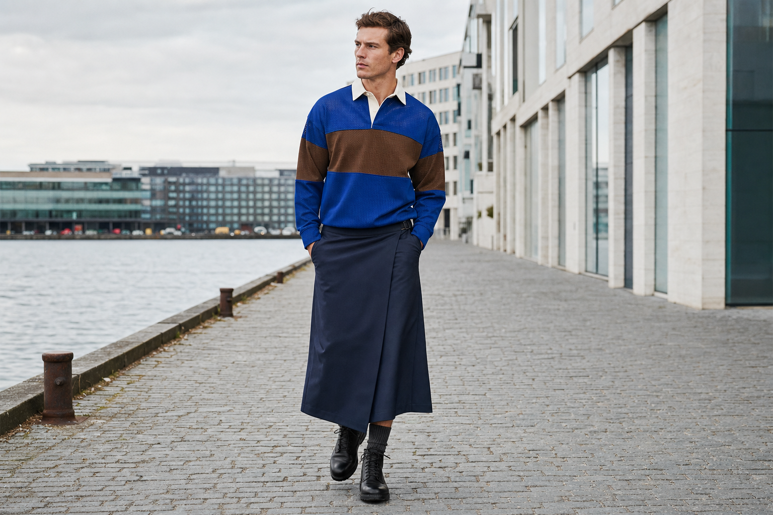 Homme à Copenhague en maillot rugby technique et longue jupe portefeuille navy.