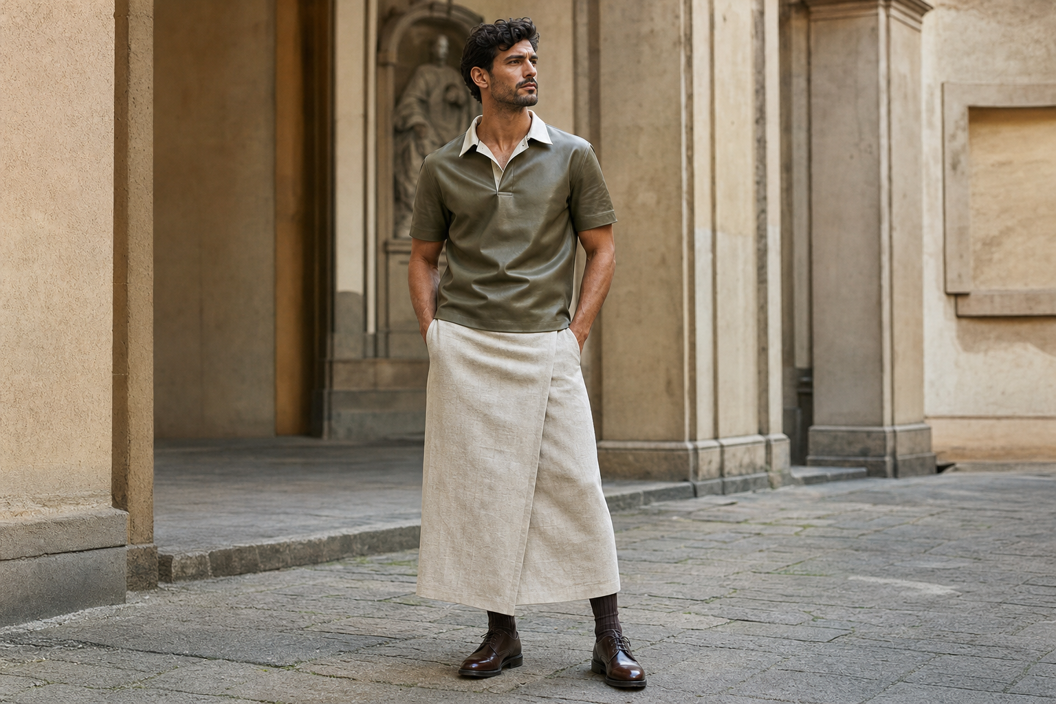 Homme à Florence en maillot rugby de cuir olive et longue jupe de lin écru.