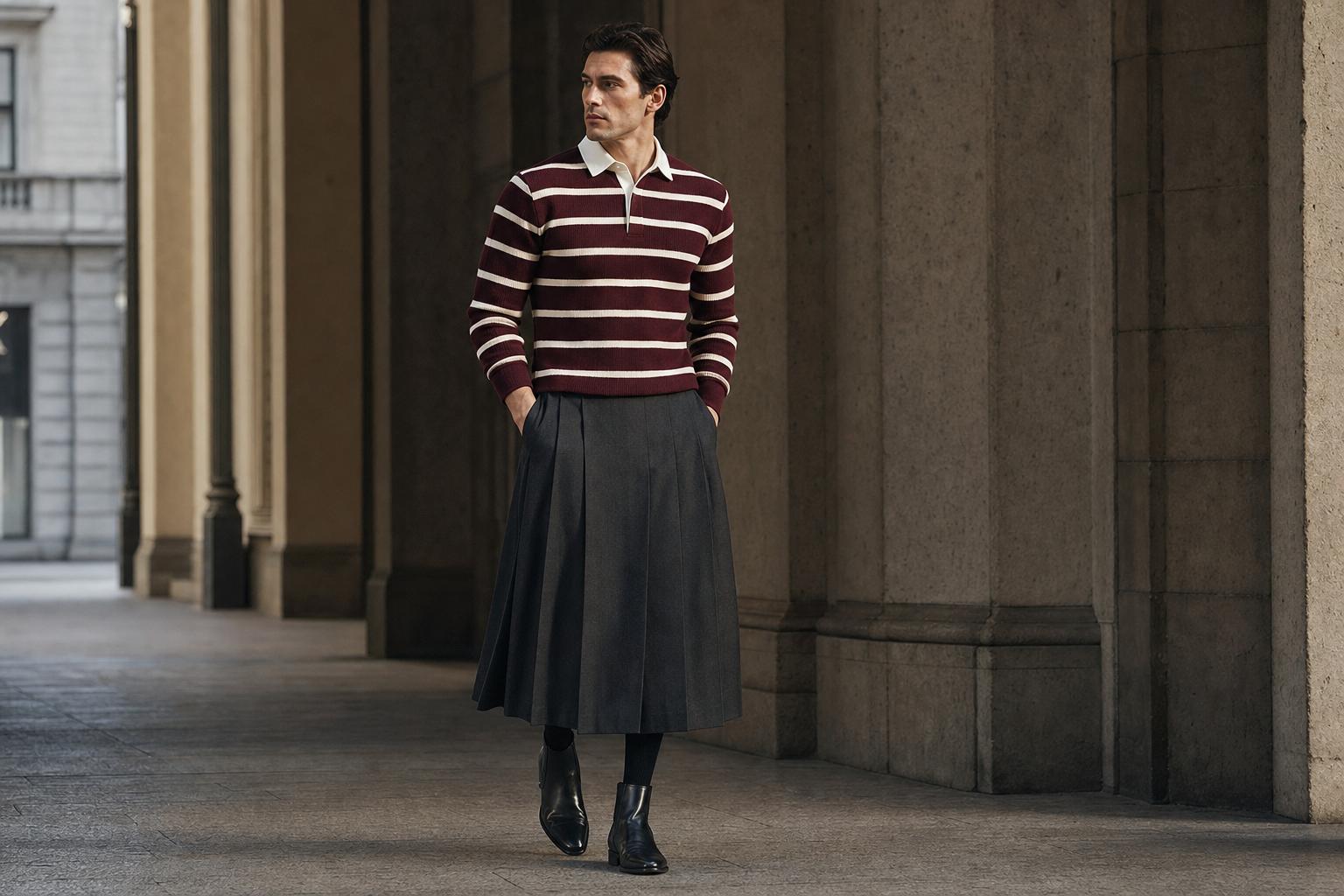 Homme à Milan en maille rugby et longue jupe plissée charbon.
